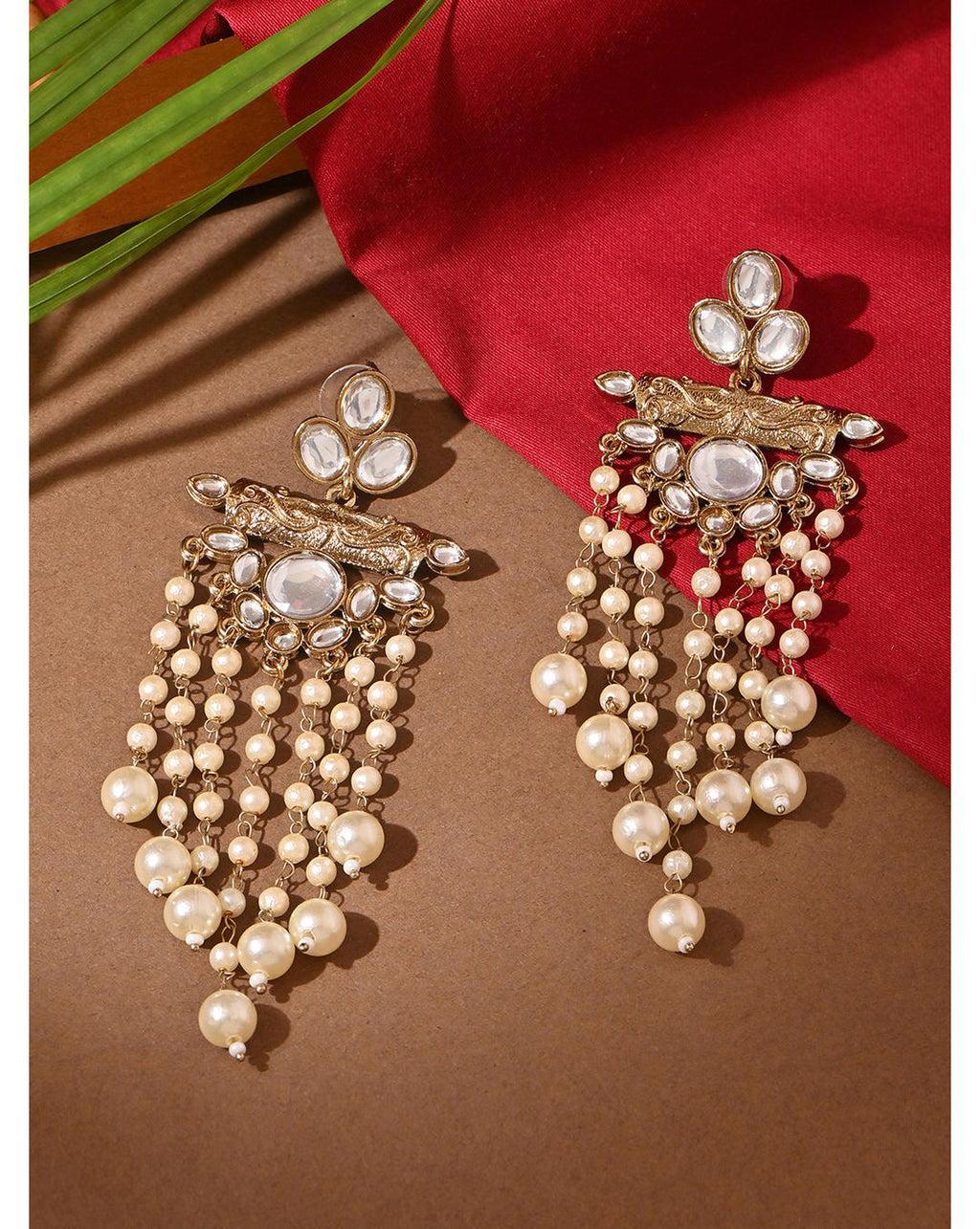Kundan Cascade Chandbali Earrings with pearl chain drops and white kundan stones, handcrafted Indian ethnic jewellery