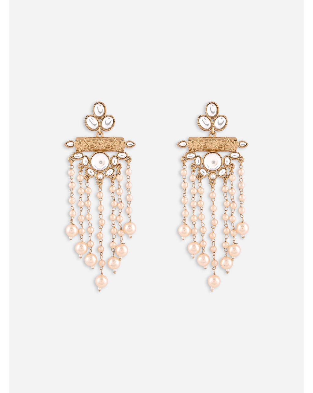 Kundan Cascade Chandbali Earrings with pearl chain drops and white kundan stones, handcrafted Indian ethnic jewellery