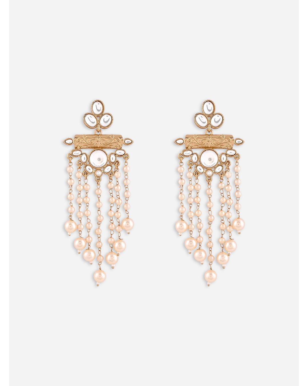 Kundan Cascade Chandbali Earrings with pearl chain drops and white kundan stones, handcrafted Indian ethnic jewellery