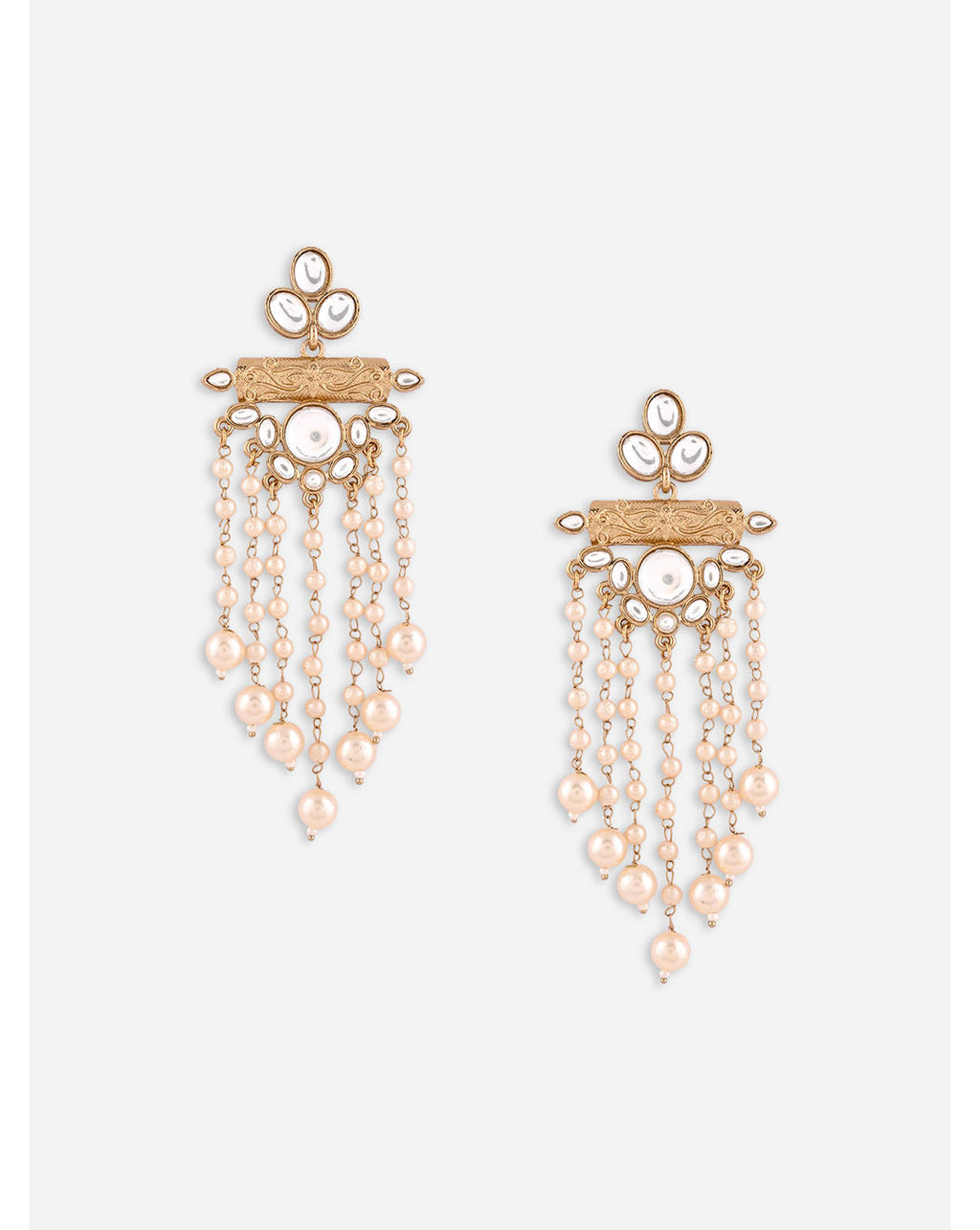 Kundan Cascade Chandbali Earrings with pearl chain drops and white kundan stones, handcrafted Indian ethnic jewellery
