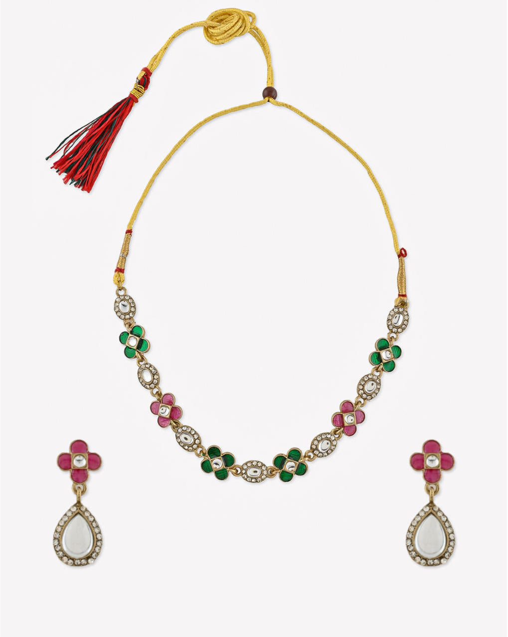 a multicolored traditional jewelry set which includes a floral design necklace and matching earrings.