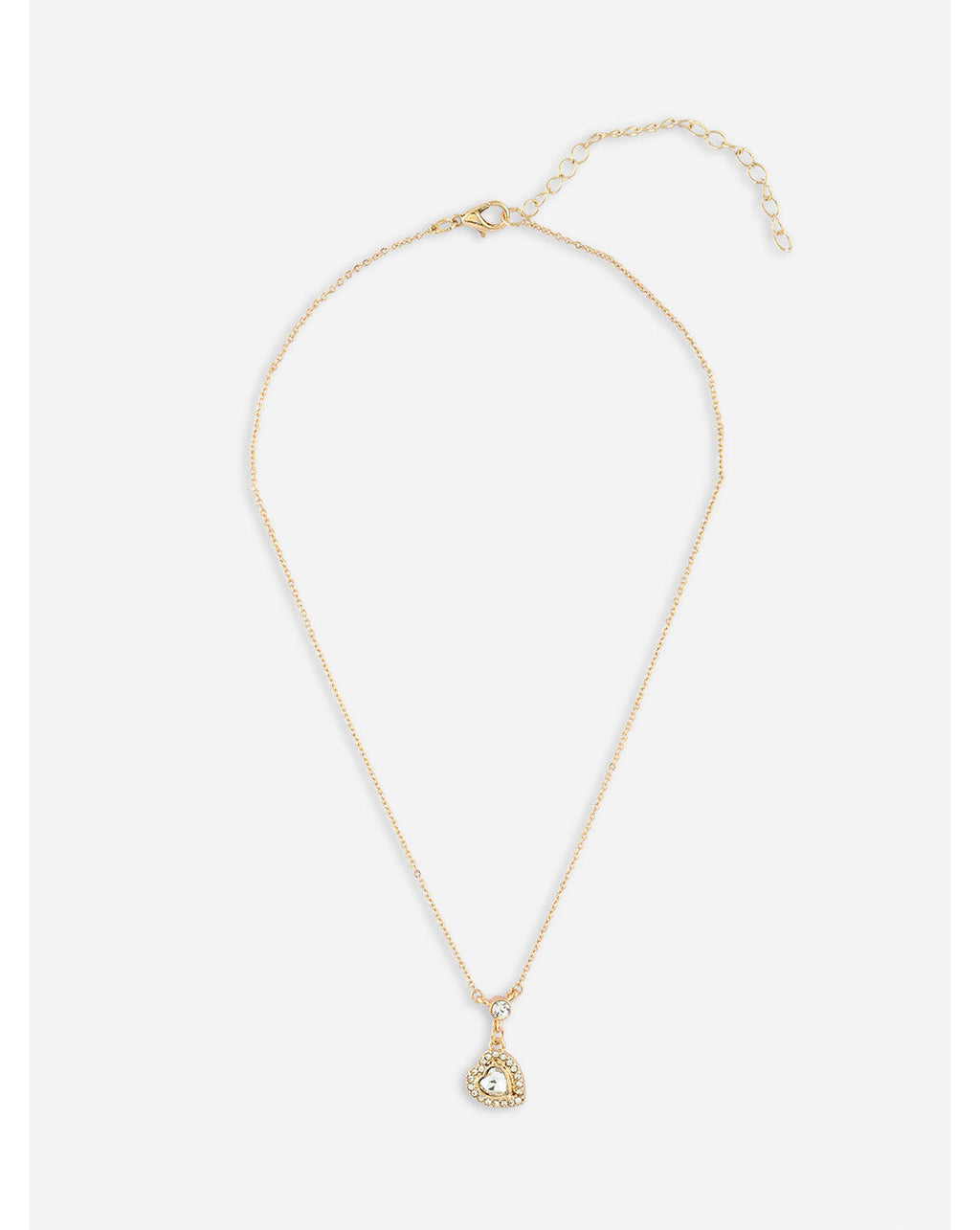 A gold-toned filigree heart pendant necklace with a central clear crystal stone, adorned with small additional stones