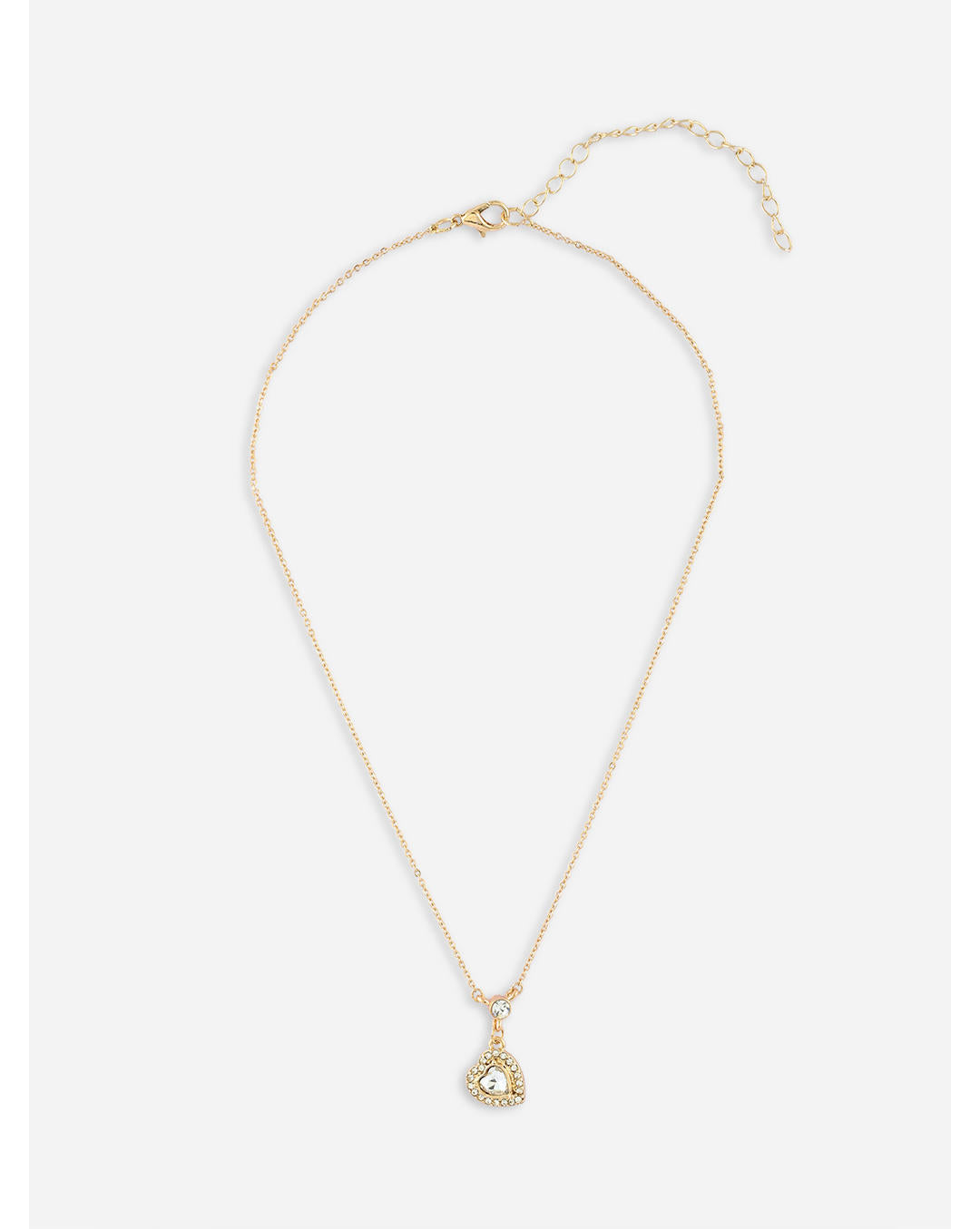 A gold-toned filigree heart pendant necklace with a central clear crystal stone, adorned with small additional stones