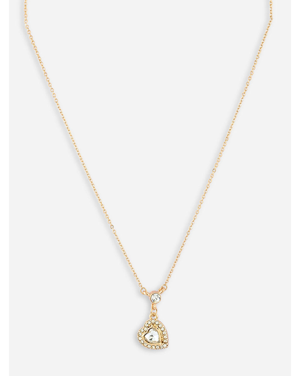 A gold-toned filigree heart pendant necklace with a central clear crystal stone, adorned with small additional stones, displayed against a white background. ToniQ jewellery is skin safe, nickel free, cadmium free, hypoallergenic, and lab tested for your comfort and trust.