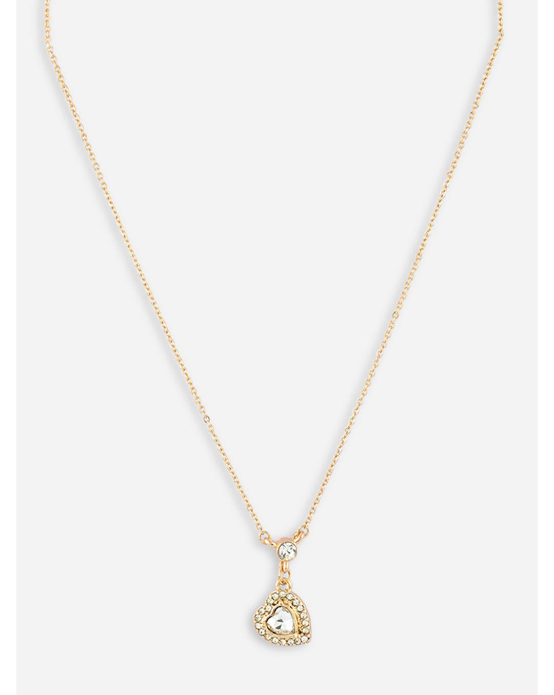 A gold-toned filigree heart pendant necklace with a central clear crystal stone, adorned with small additional stones, displayed against a white background. ToniQ jewellery is skin safe, nickel free, cadmium free, hypoallergenic, and lab tested for your comfort and trust.