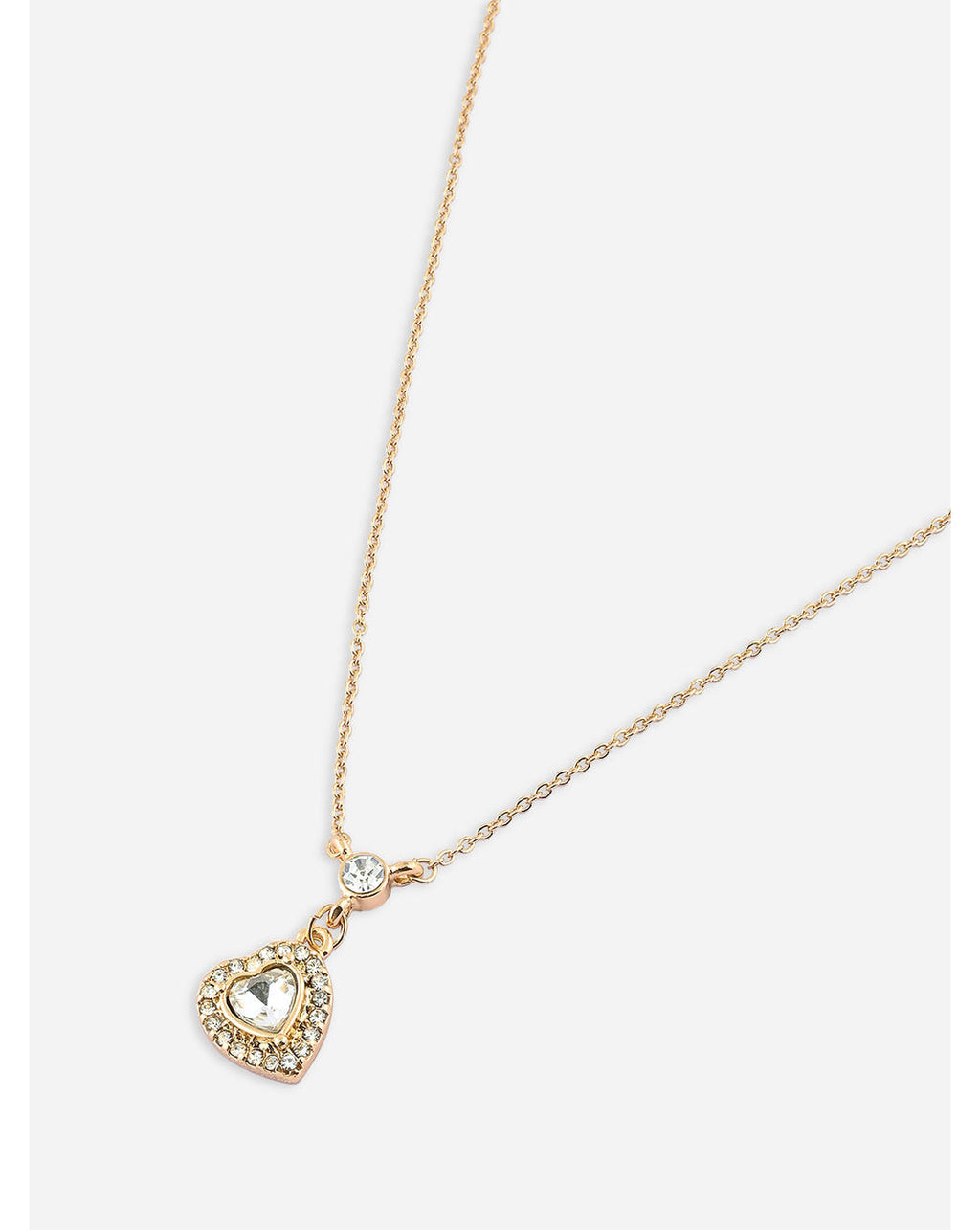 A gold-toned filigree heart pendant necklace with a central clear crystal stone, adorned with small additional stones