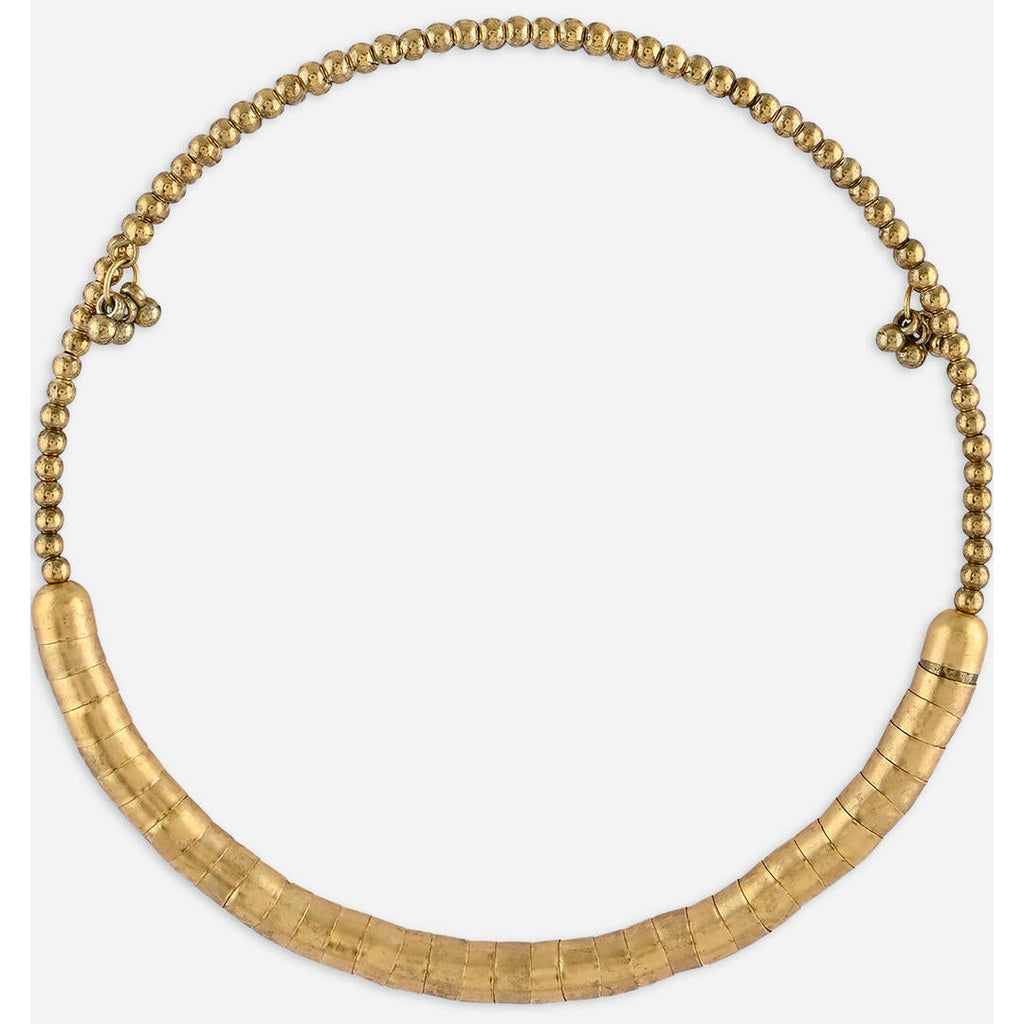 gold-toned choker necklace with a curved rod design covered in fused beads.