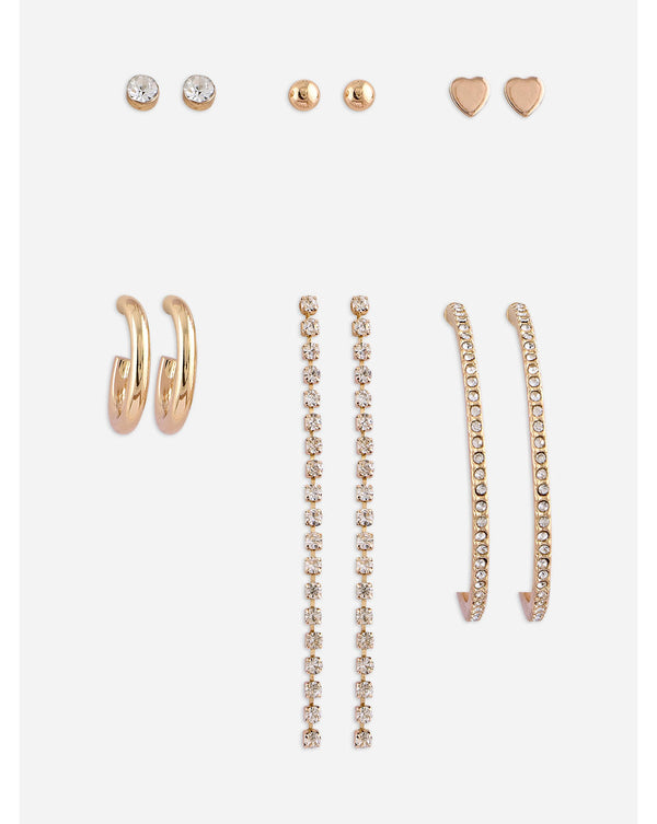 A collection of six pairs of gold-tone earrings with sparkling cubic zirconia stones, including various designs such as studs, hoops, and danglers.