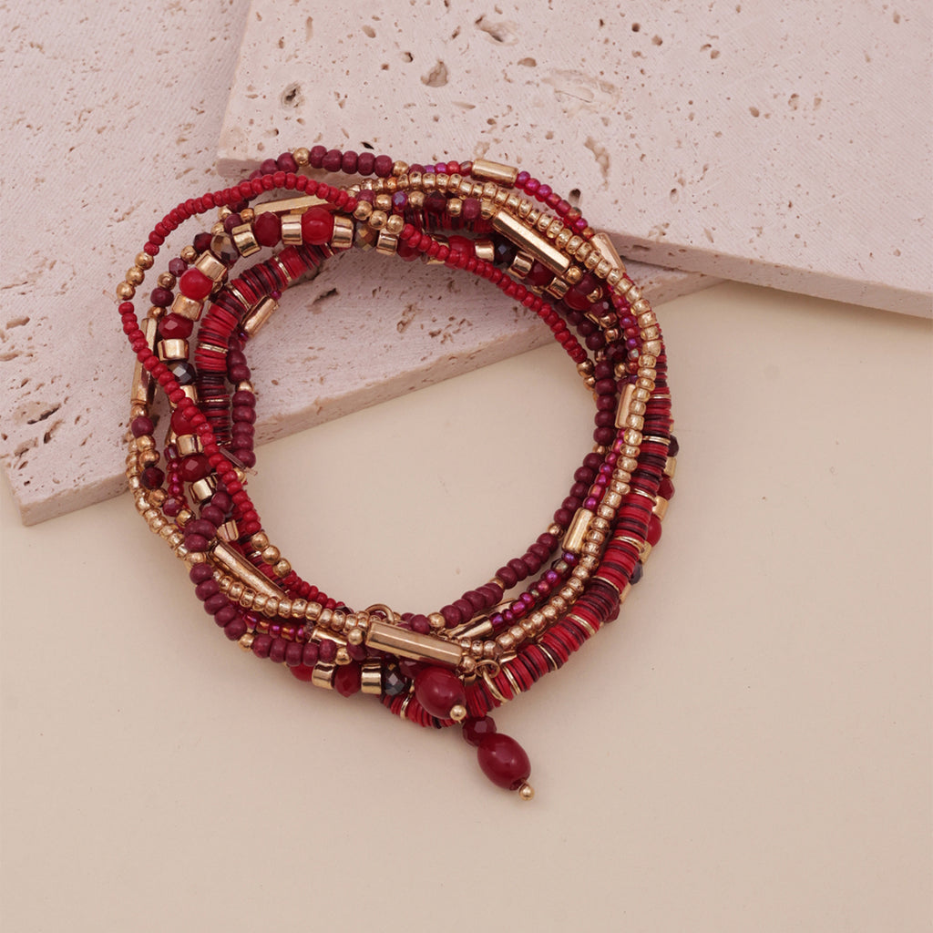 The Fiesta Stack: Red & Maroon Beaded Bracelet Set