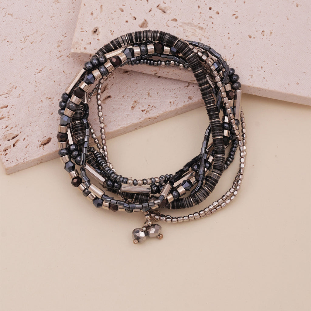 Silver & Pewter Multi-Strand Beaded Slip-On Bracelet