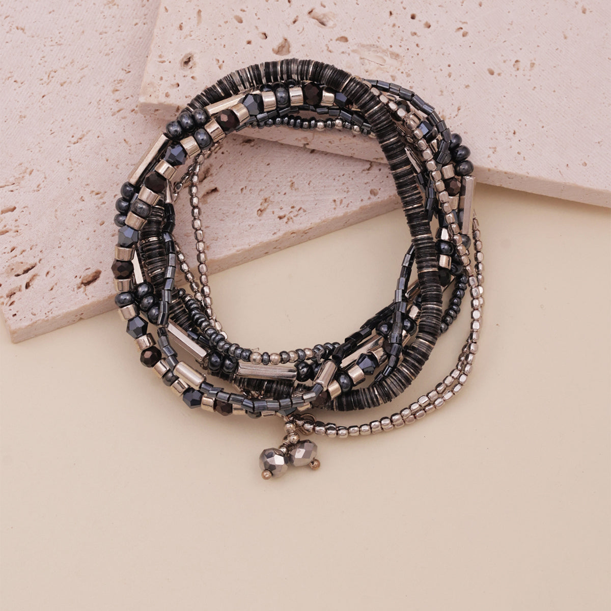 Silver & Pewter Multi-Strand Beaded Slip-On Bracelet