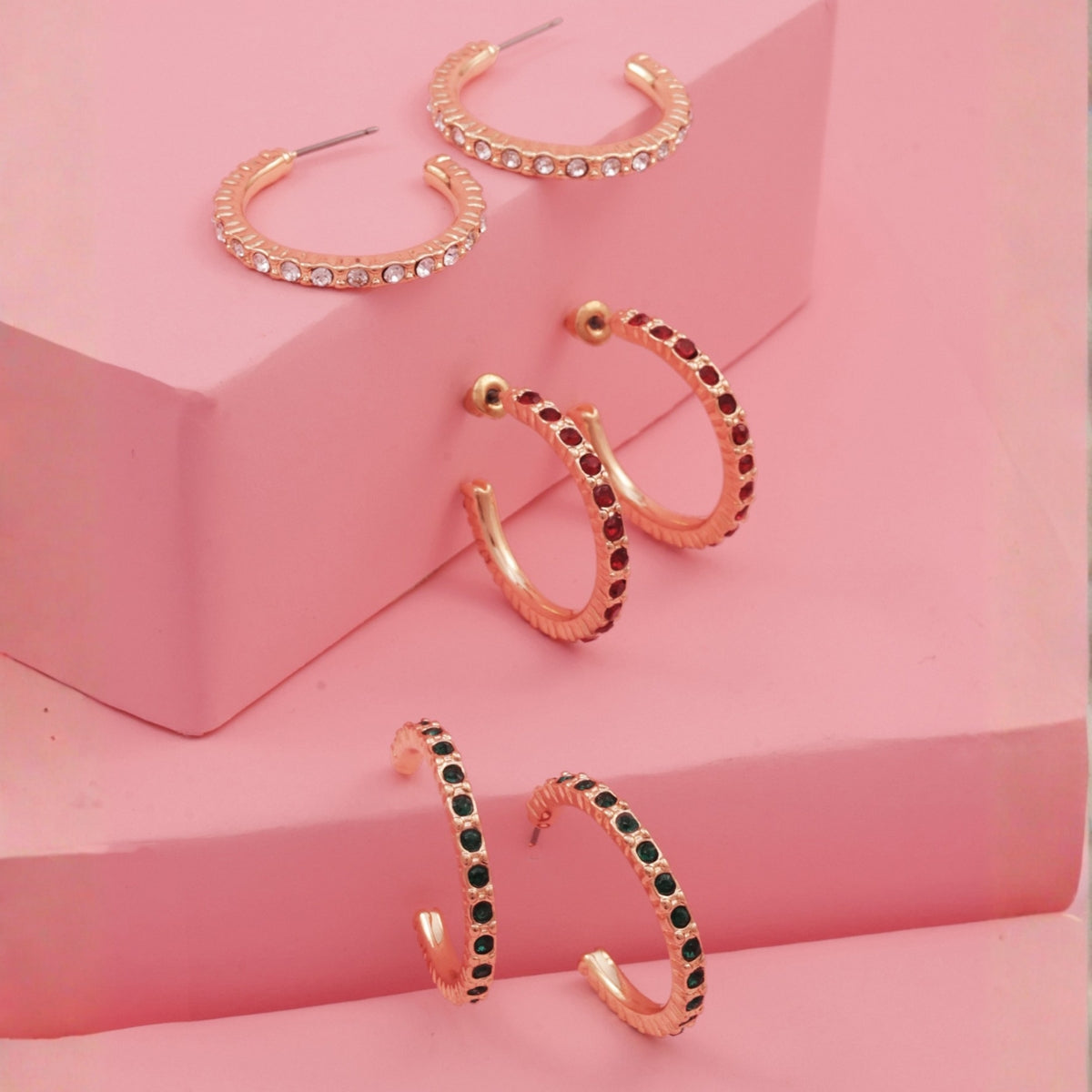 GlamStack Triple-Tone Crystal Hoop Earring Set