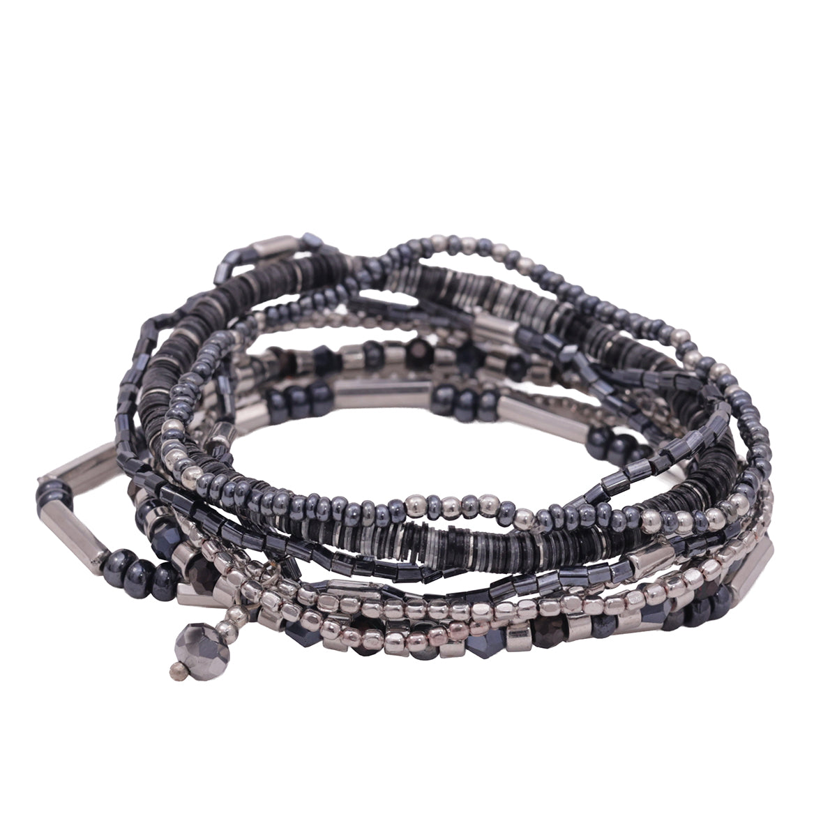 Gunmetal & Pewter Multi-Strand Beaded Slip-On Bracelet