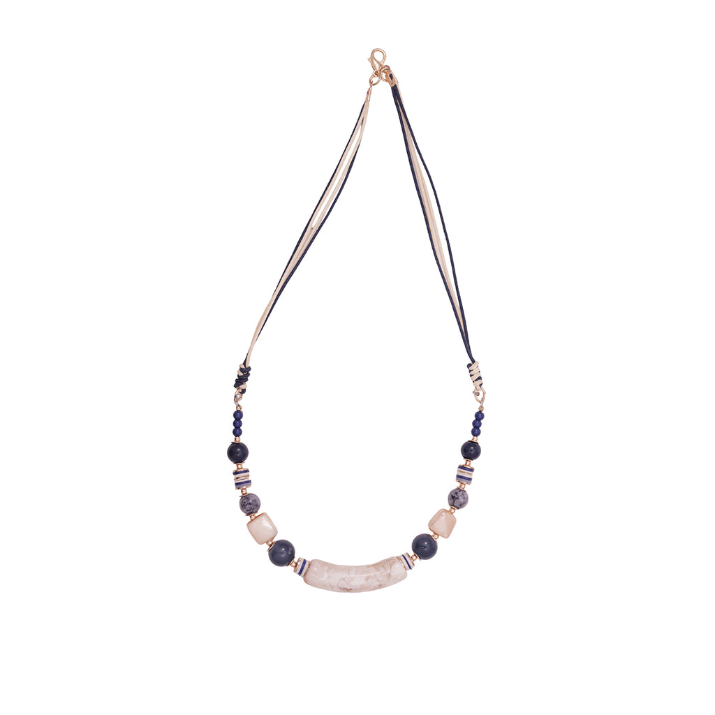 Blue & Beige Resin Stone Beaded Choker Necklace