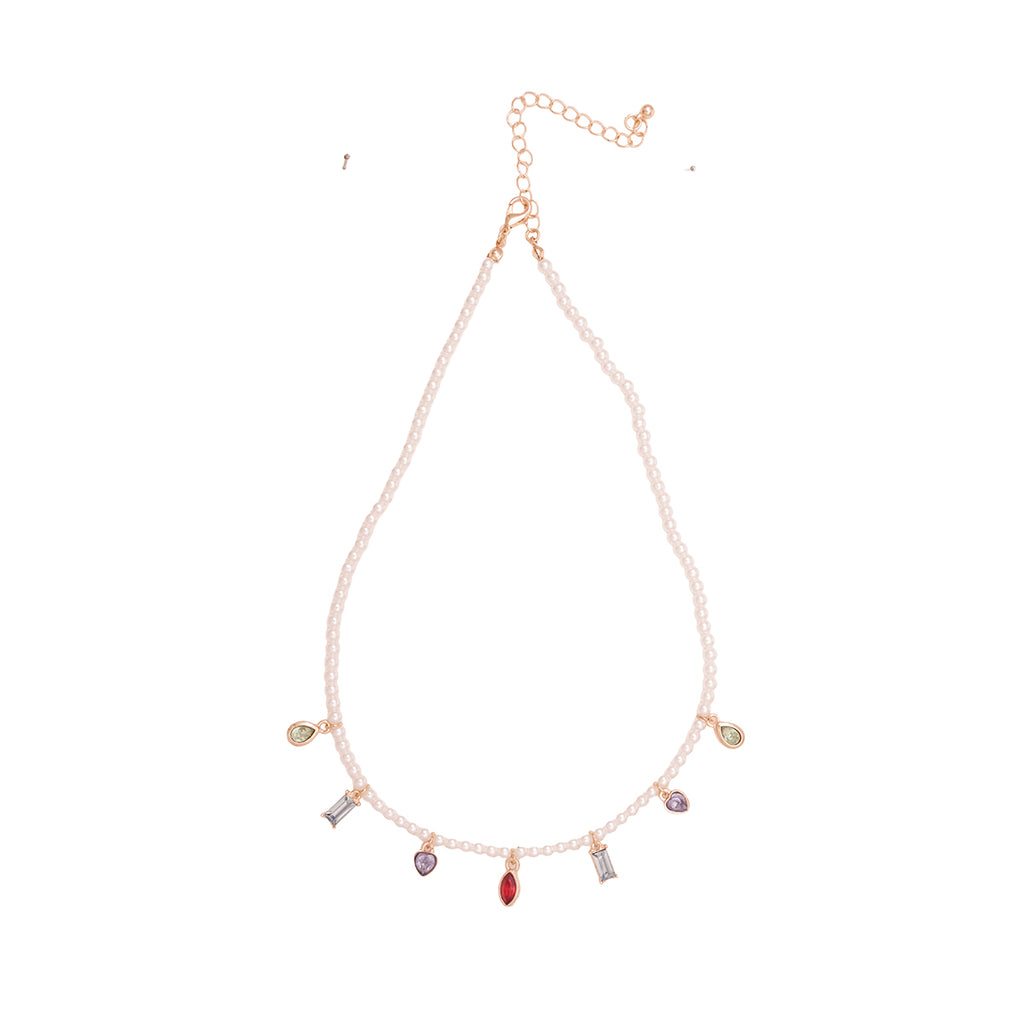 White Pearl Choker Necklace with Multi-Coloured Stone Charms