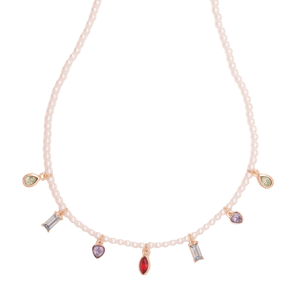 White Pearl Choker Necklace with Multi-Coloured Stone Charms