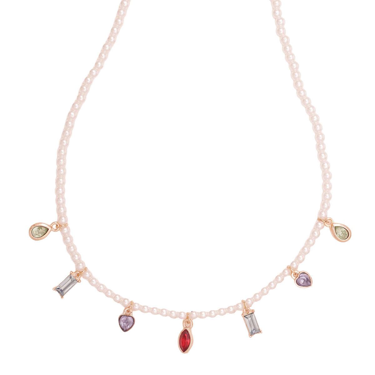 White Pearl Choker Necklace with Multi-Coloured Stone Charms