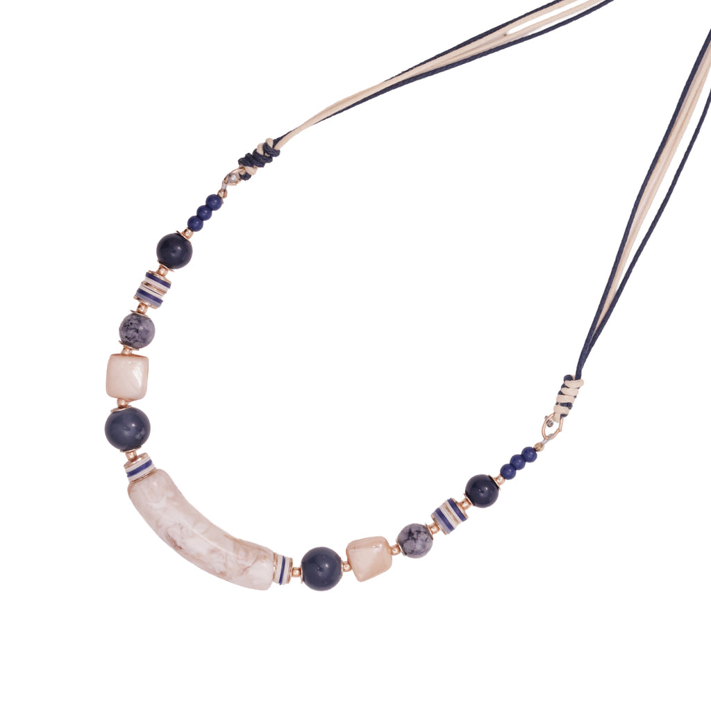 Blue & Beige Resin Stone Beaded Choker Necklace