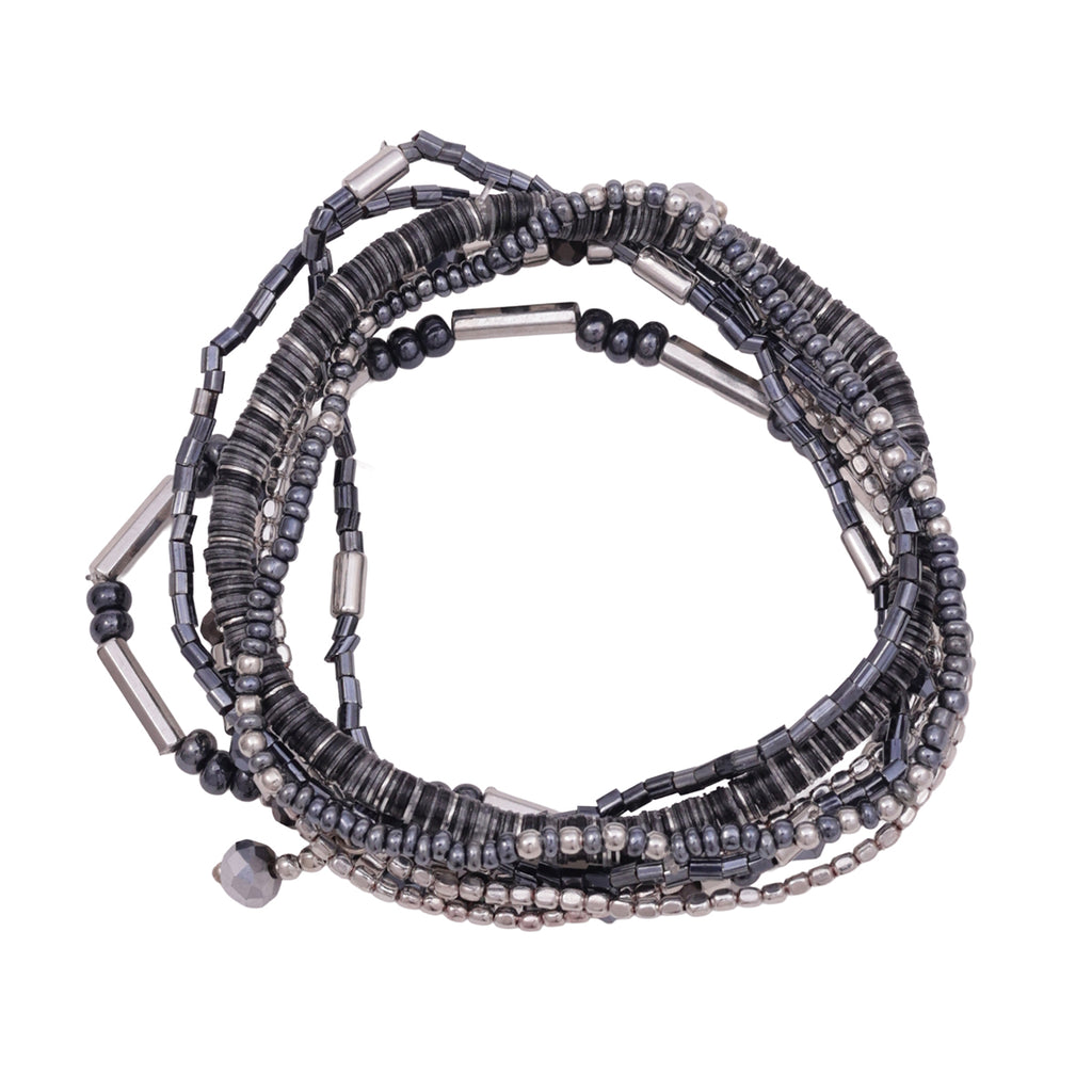Gunmetal & Pewter Multi-Strand Beaded Slip-On Bracelet
