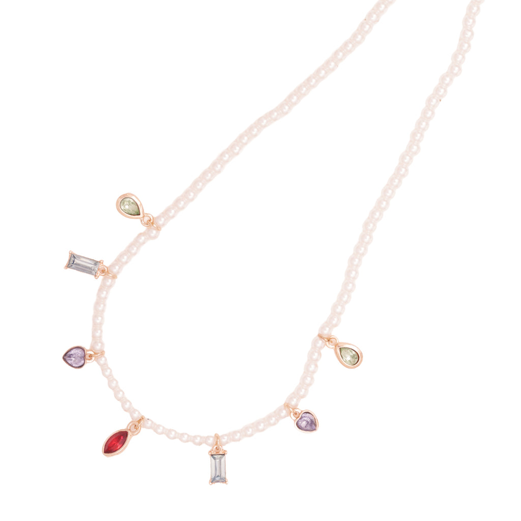 White Pearl Choker Necklace with Multi-Coloured Stone Charms
