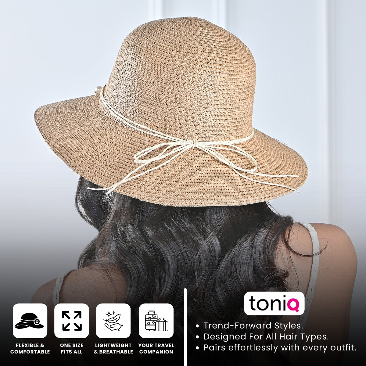 Brown Woven Straw Sun Hat with Shell, Pearl & Starfish Charms