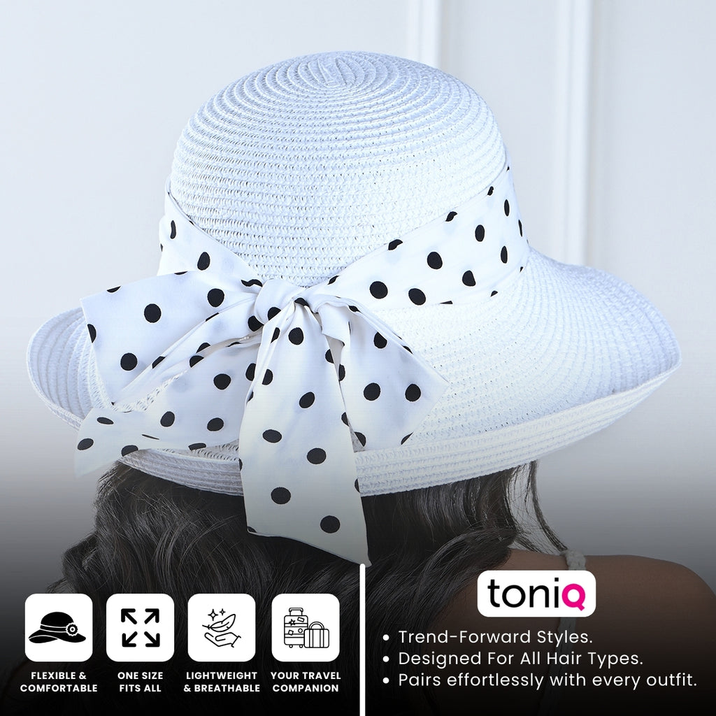 White Woven Straw Sun Hat with Polka Dot Bow Scarf