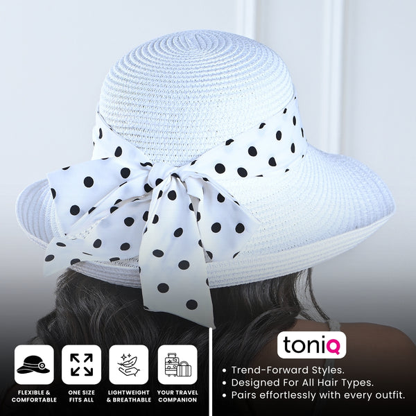 White Woven Straw Sun Hat with Polka Dot Bow Scarf