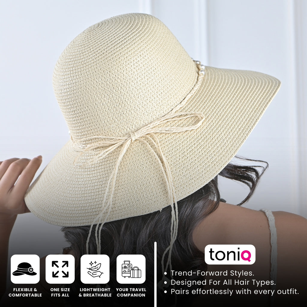 Off White Woven Straw Sun Hat with Pearl Embellishments