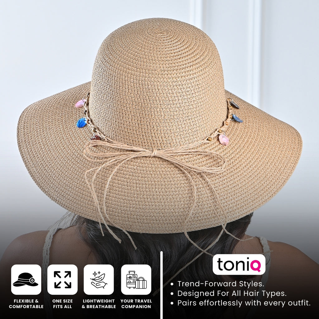 Brown Woven Straw Sun Hat with Multicolour Charms