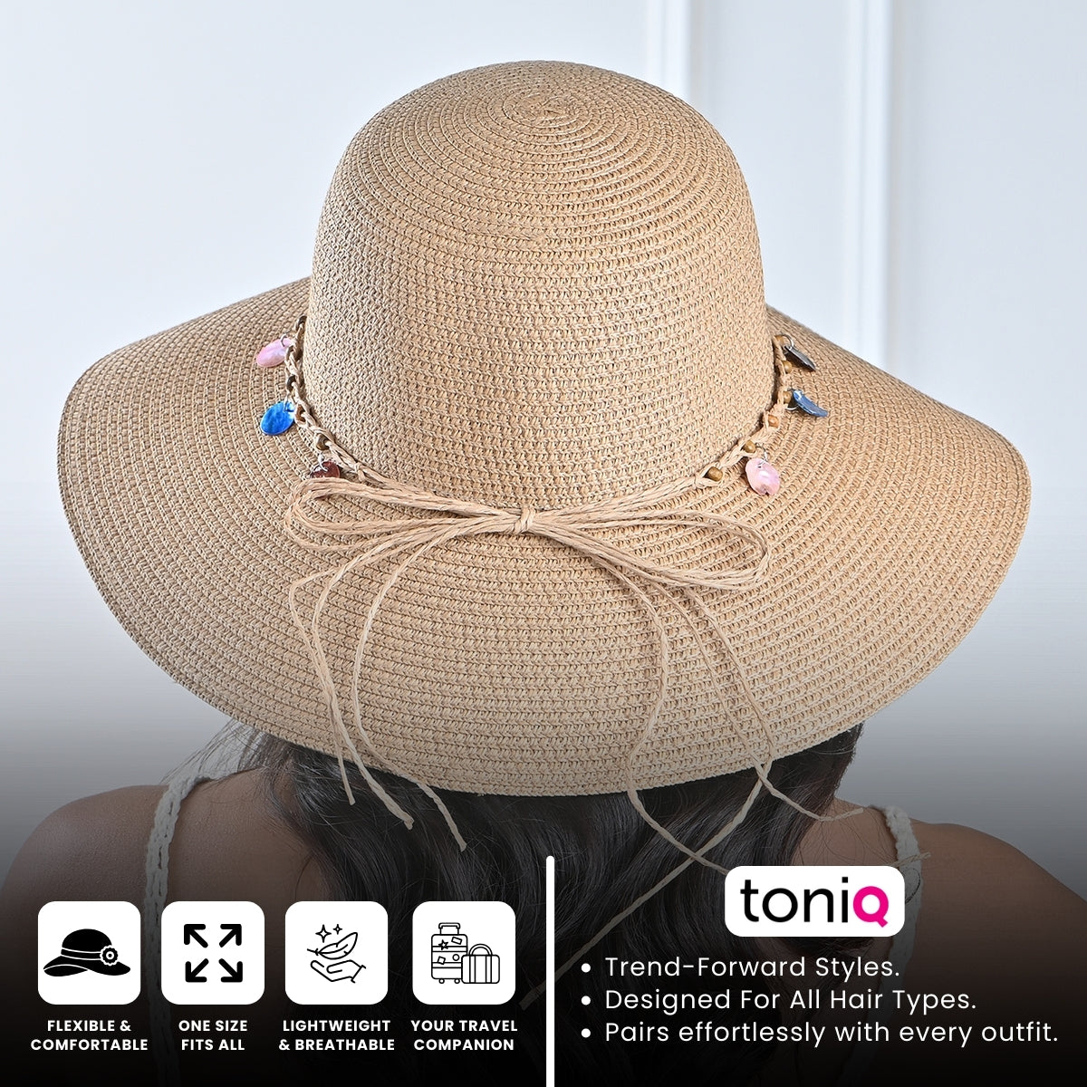 Brown Woven Straw Sun Hat with Multicolour Charms