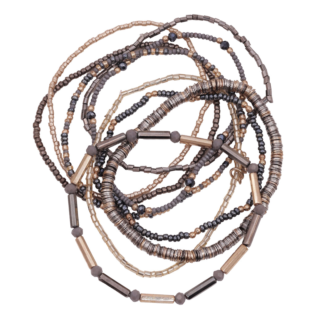 Silver & Pewter Multi-Strand Beaded Slip-On Bracelet